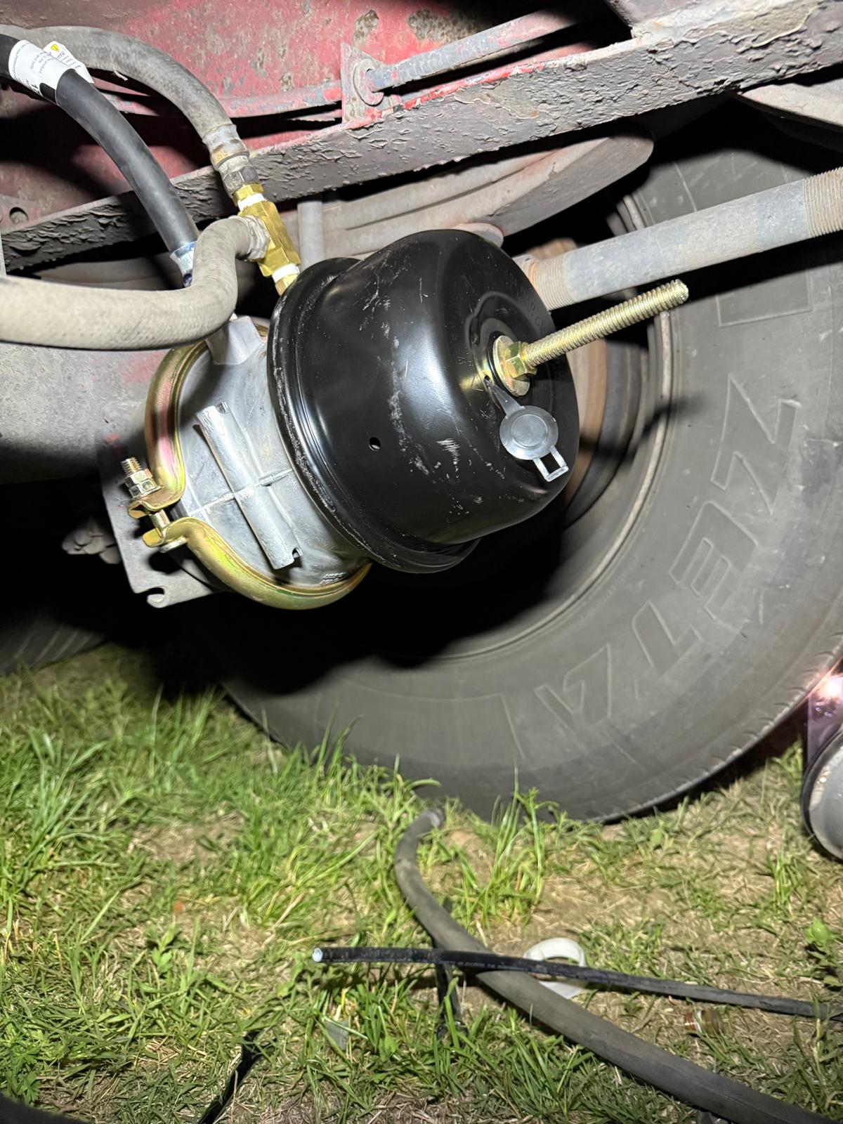 Brake chamber replacement on semi truck roadside